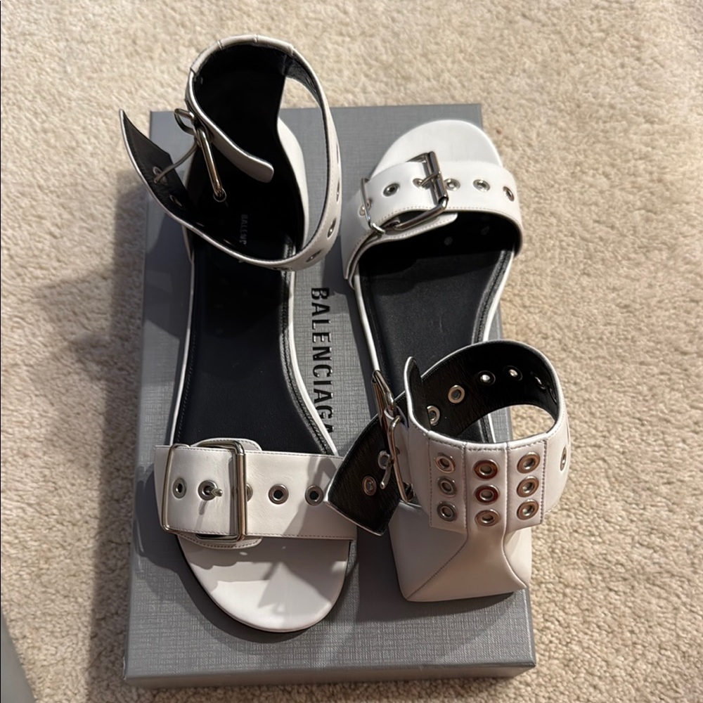 Balenciaga White Leather Ankle-Strap Sandals